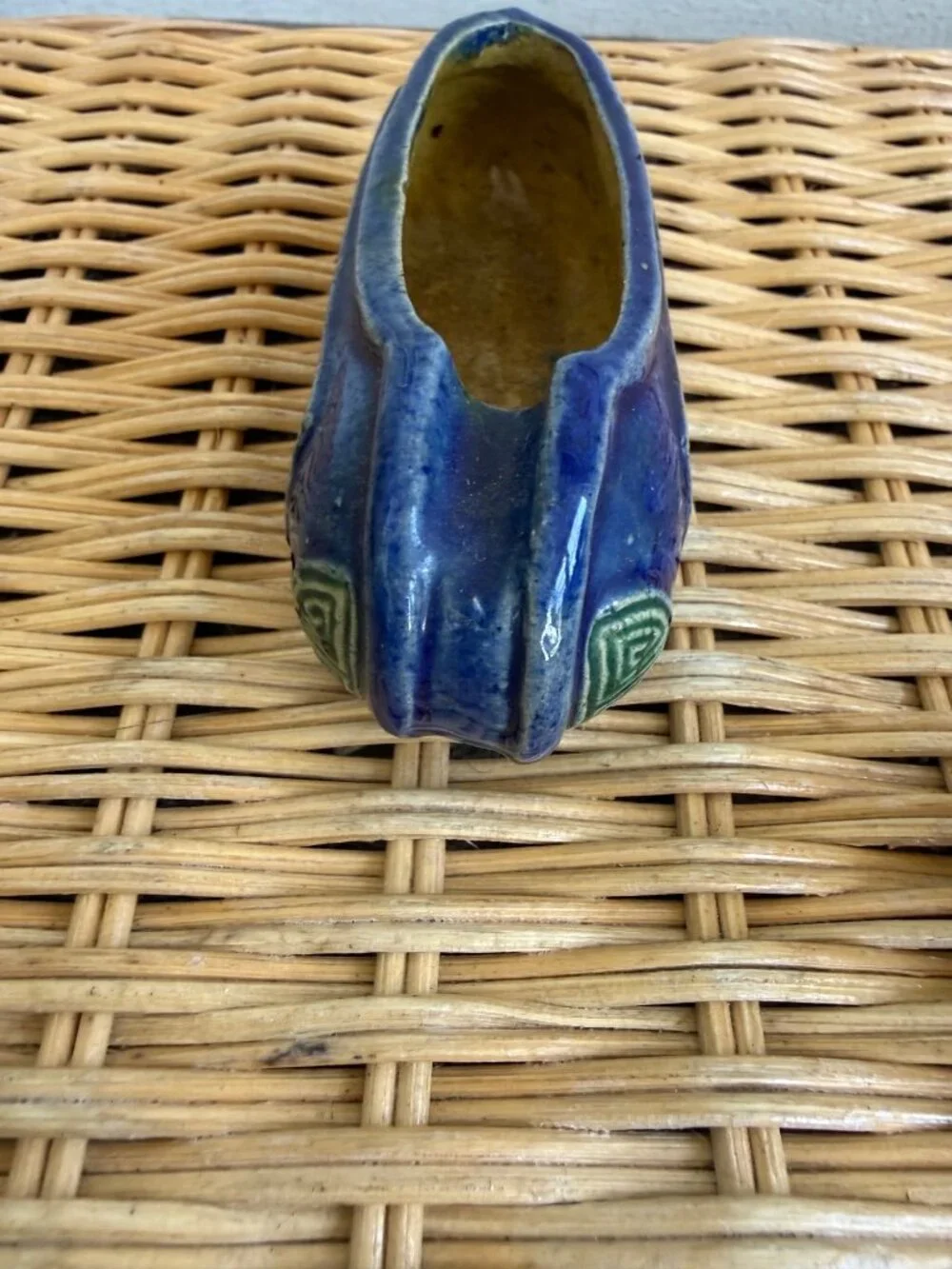 Vintage 1930s Chinese Slipper Shoe AshTray Pottery & brass with enamel